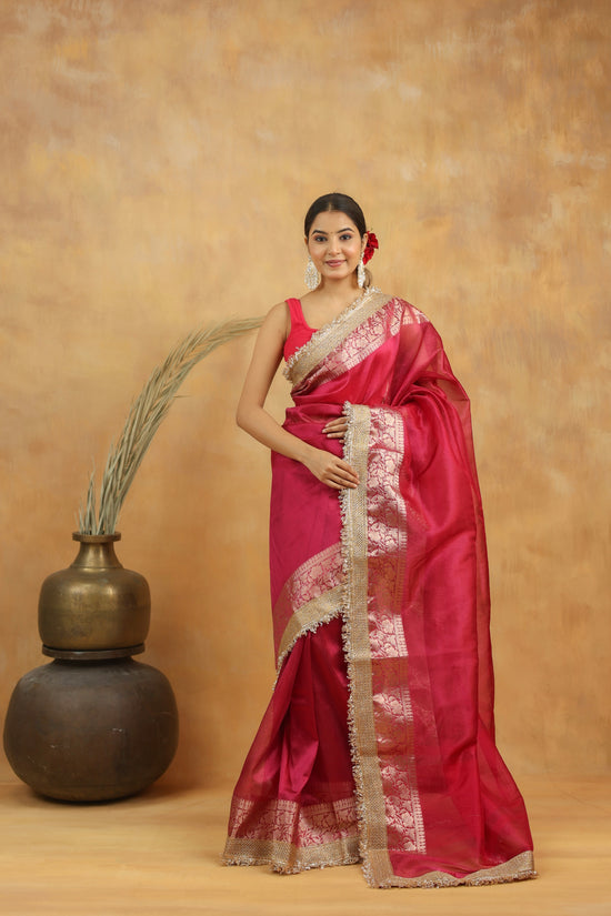 Tissue Silk Saree in Magenta Pink with Gold Zari Border