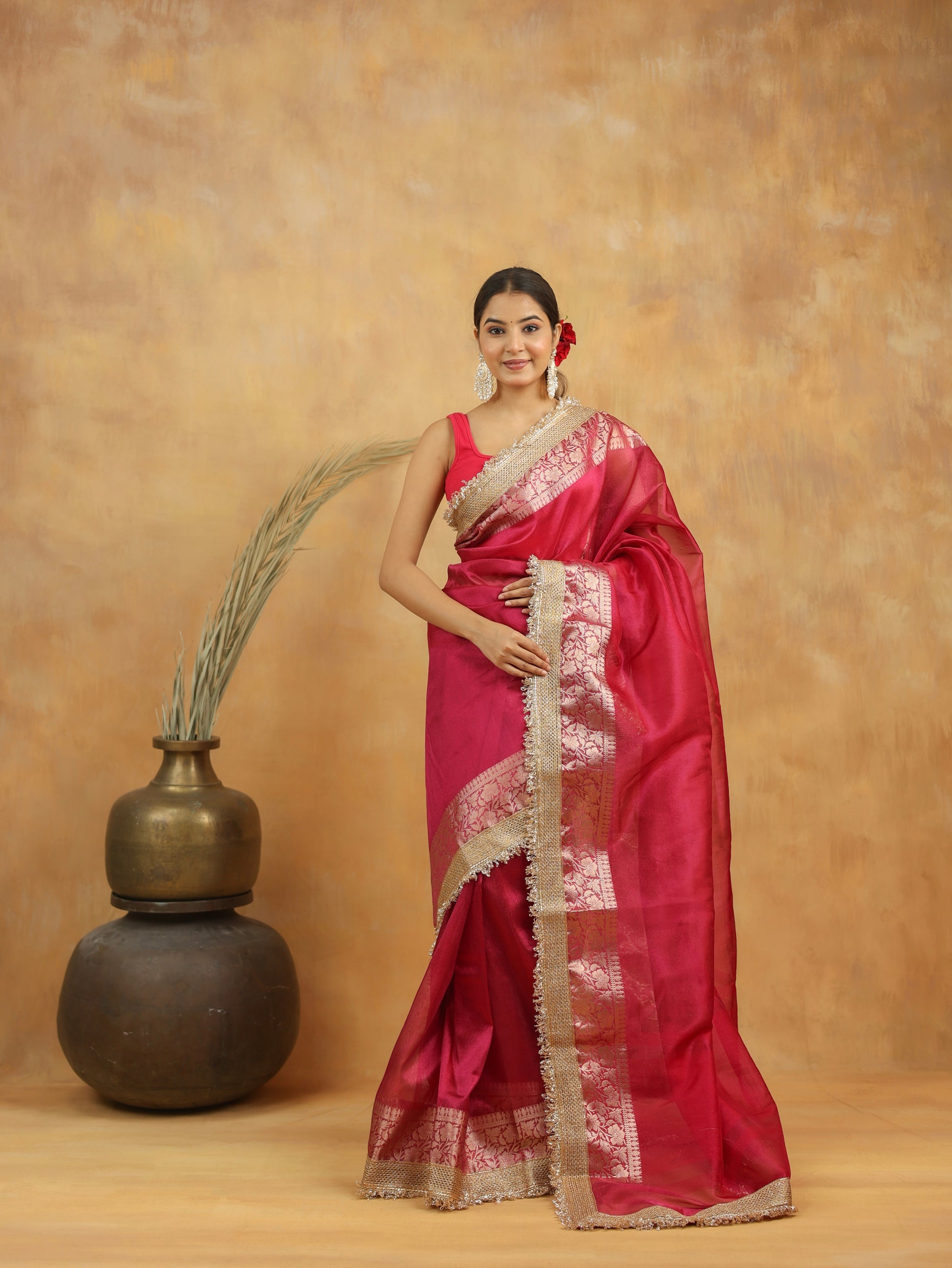 Tissue Silk Saree in Magenta Pink with Gold Zari Border