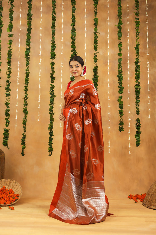 Rust Brown Pure Viscose Silk saree with Silver Zari motifs