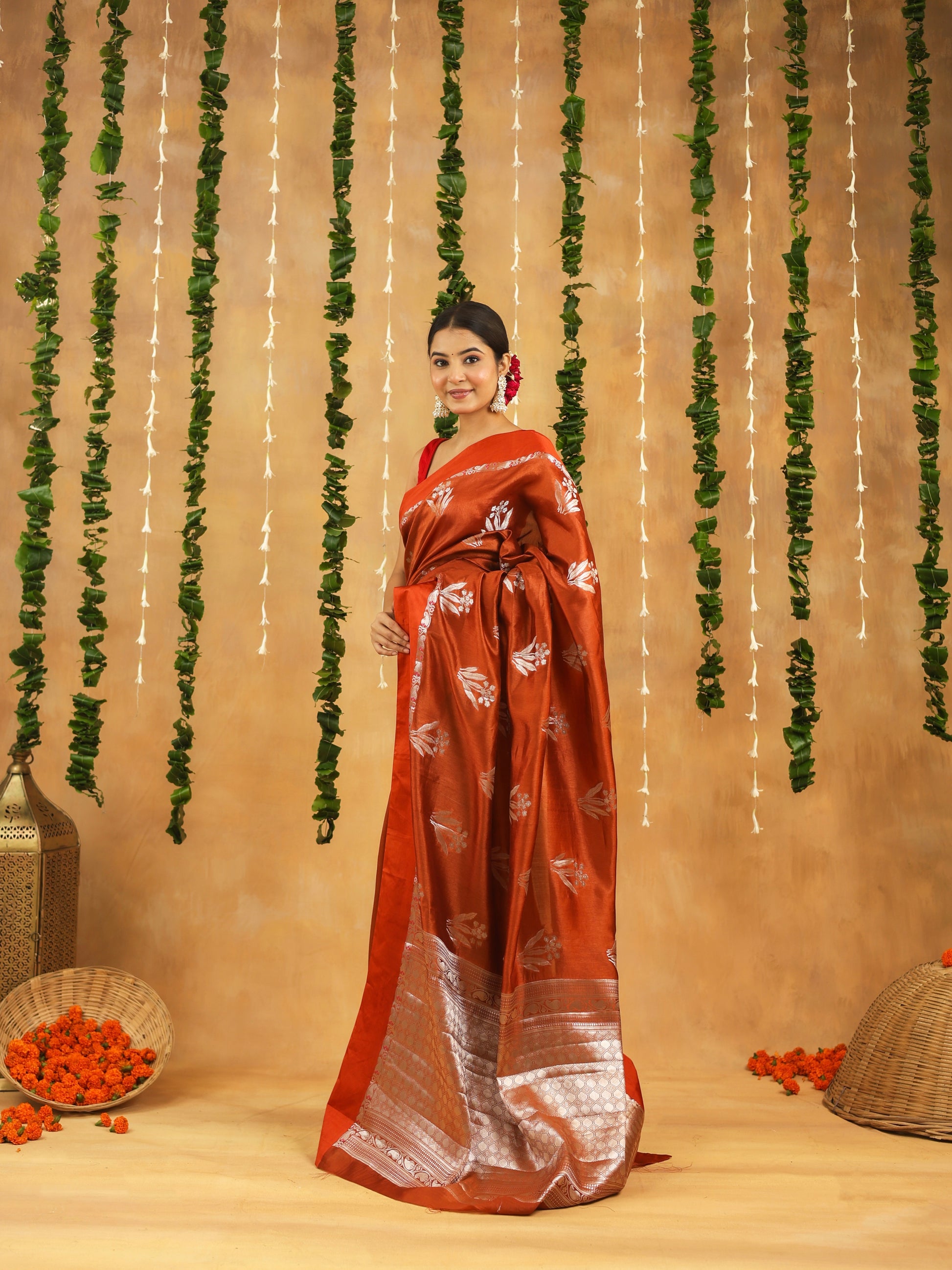 Rust Brown Pure Viscose Silk saree with Silver Zari motifs