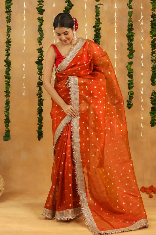 Orange Banarasi Tissue Silk Saree with Golden Zari