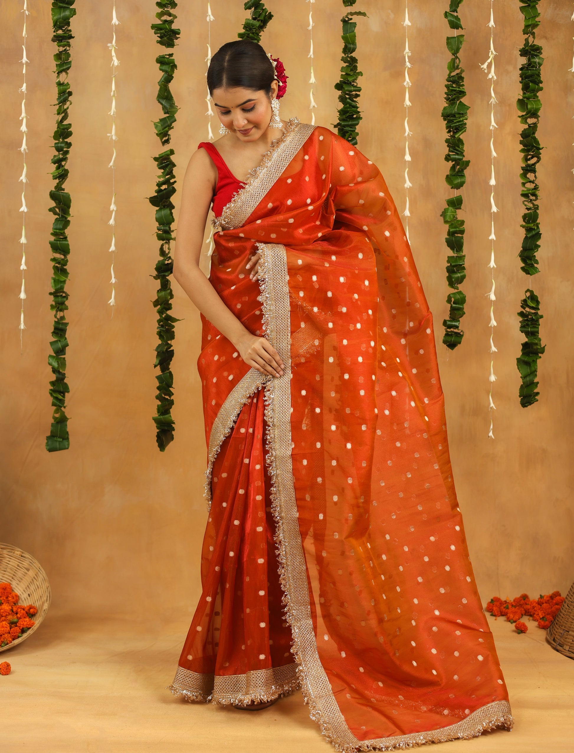 Orange Banarasi Tissue Silk Saree with Golden Zari