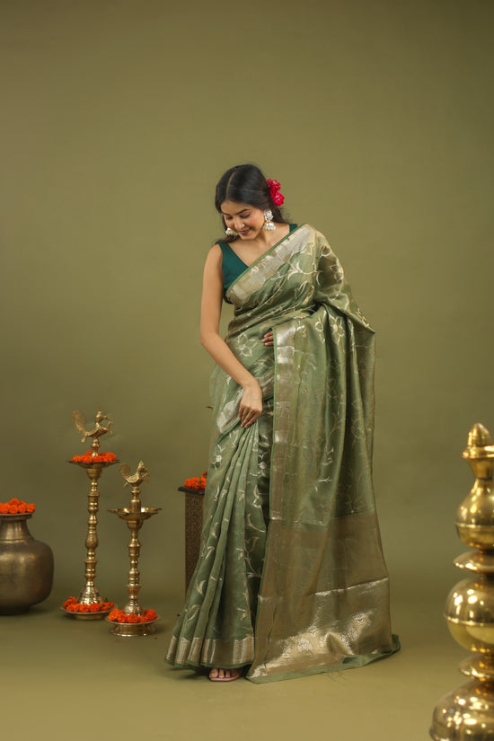 Sage Green Pure Tussar Silk Saree with Silver Floral Zari Motifs & Border