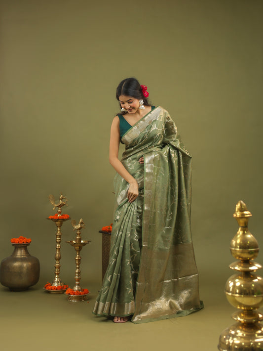 Sage Green Pure Tussar Silk Saree with Silver Floral Zari Motifs & Border