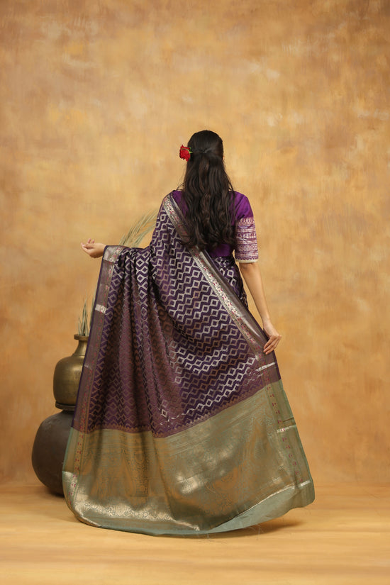 Purple-Green Geometric Pure Tussar Silk Saree with Zari Border