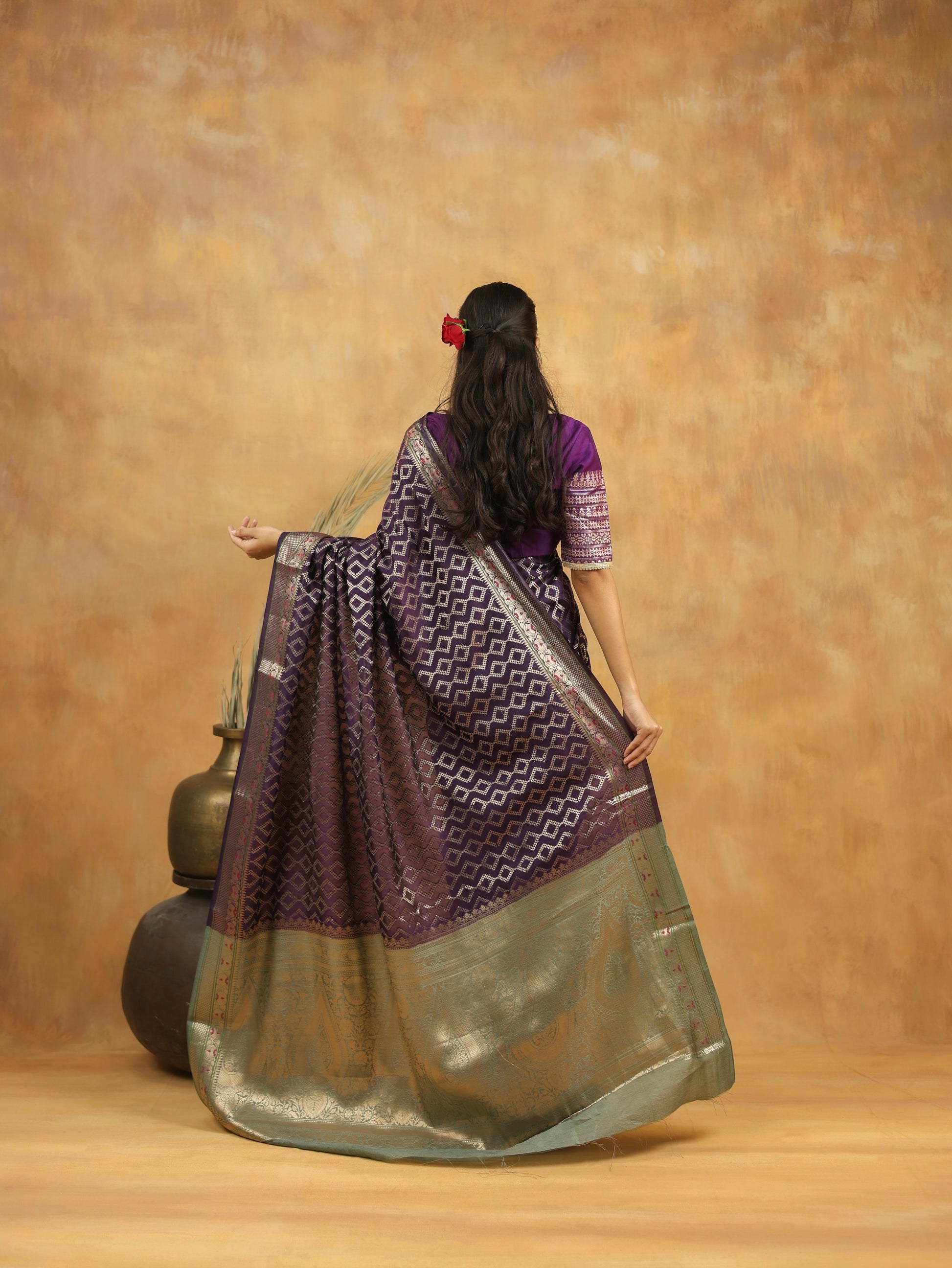 Purple-Green Geometric Pure Tussar Silk Saree with Zari Border