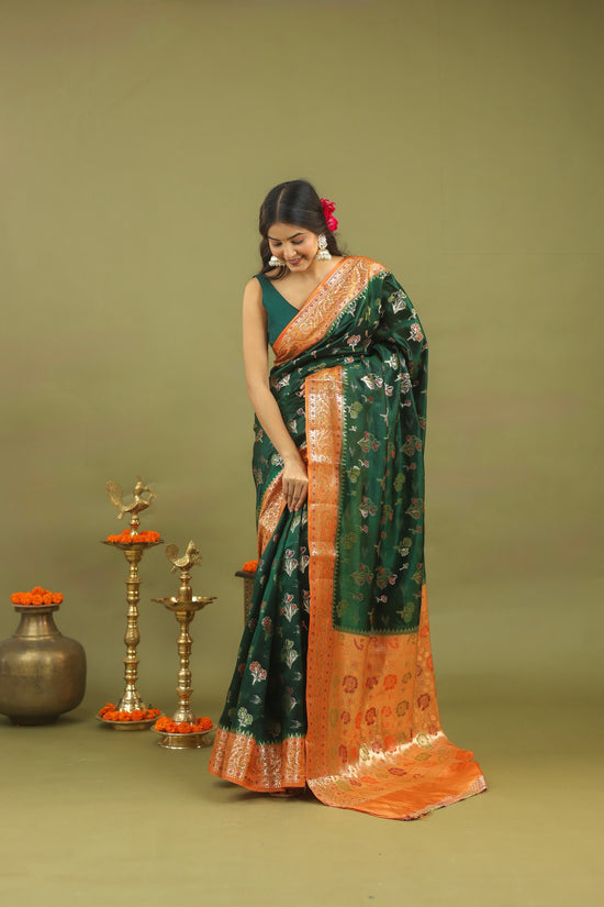 Emerald Green Pure Dupion Silk Saree with Antique Gold Zari Border