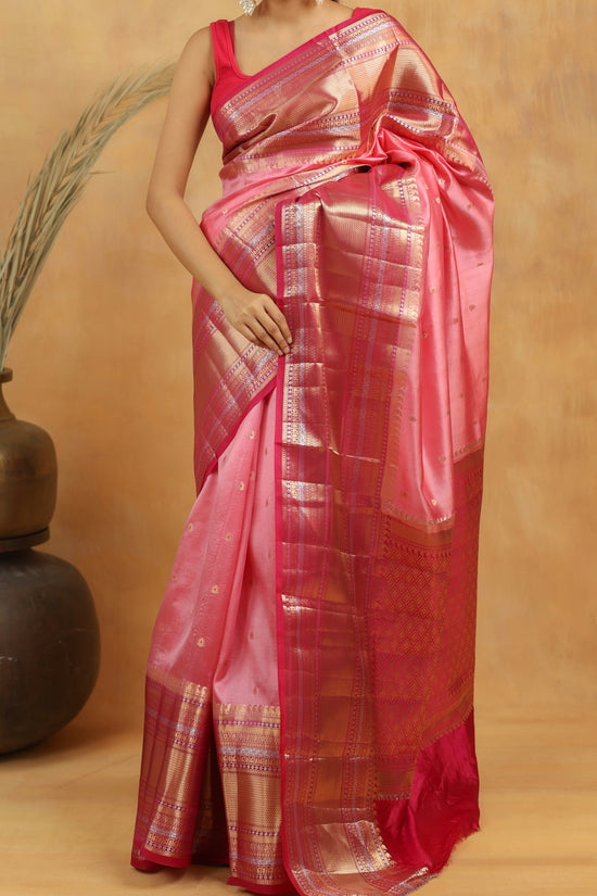 Pure Raw Mango Silk Banarasi Saree in Rose Pink with Gold Zari Border