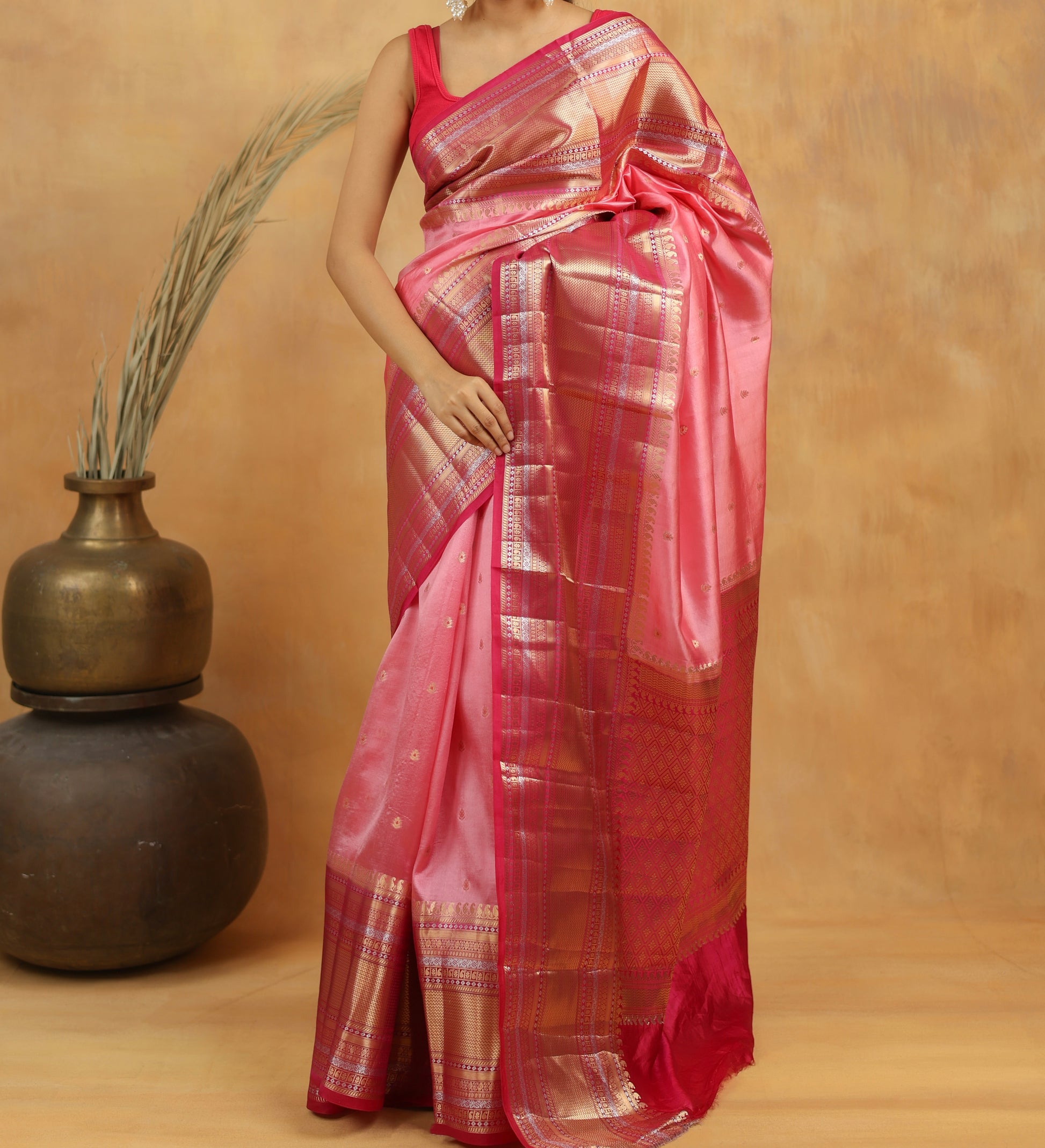 Pure Raw Mango Silk Banarasi Saree in Rose Pink with Gold Zari Border