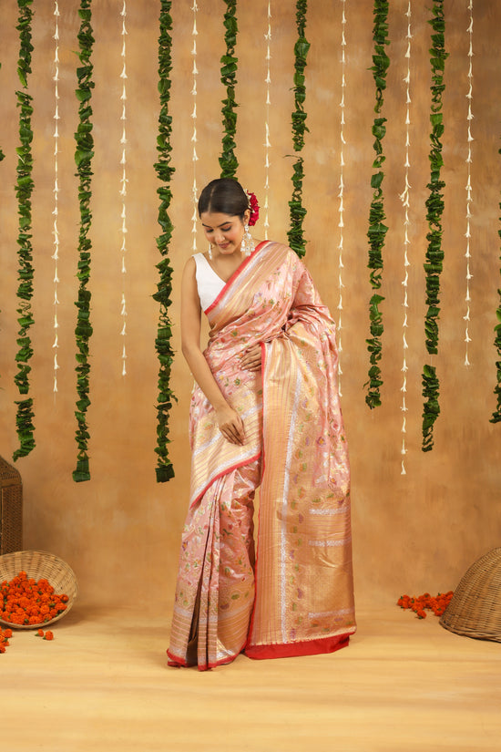 Pink Banarasi Rapier Silk Saree with Floral Zari Work