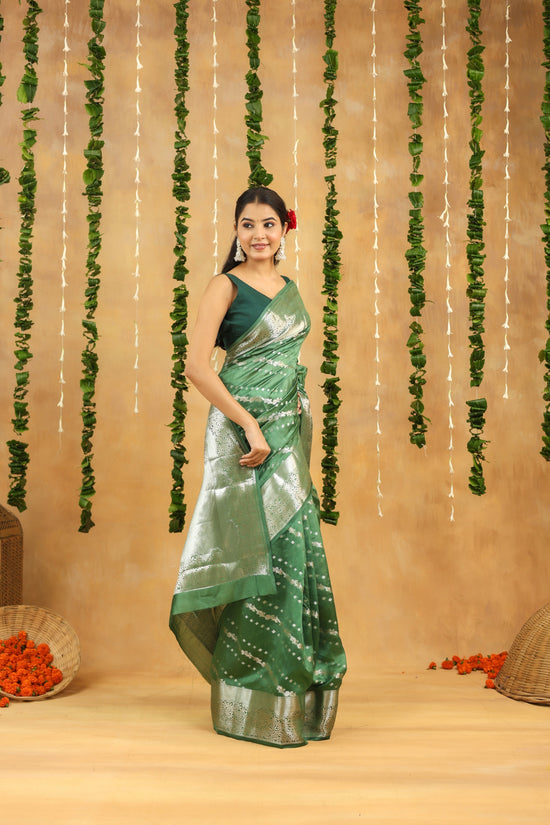 Banarasi Pure Viscose Silk Saree in Forest Green with Silver Zari Border