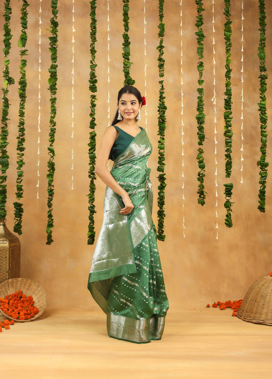 Banarasi Pure Viscose Silk Saree in Forest Green with Silver Zari Border