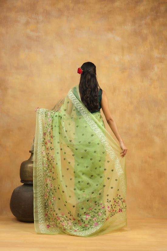Mint Green Floral Embroidered Organza Saree
