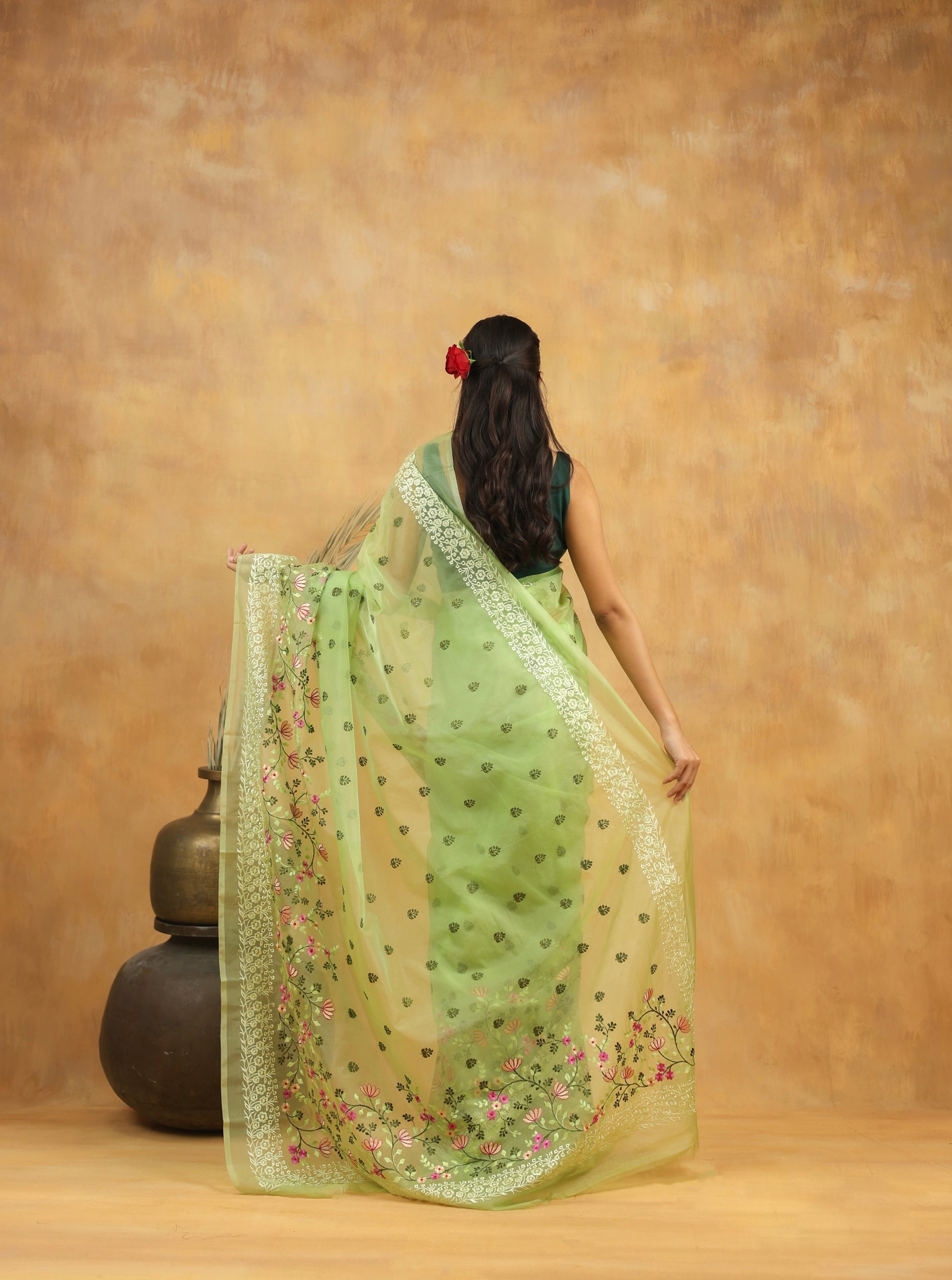 Mint Green Floral Embroidered Organza Saree