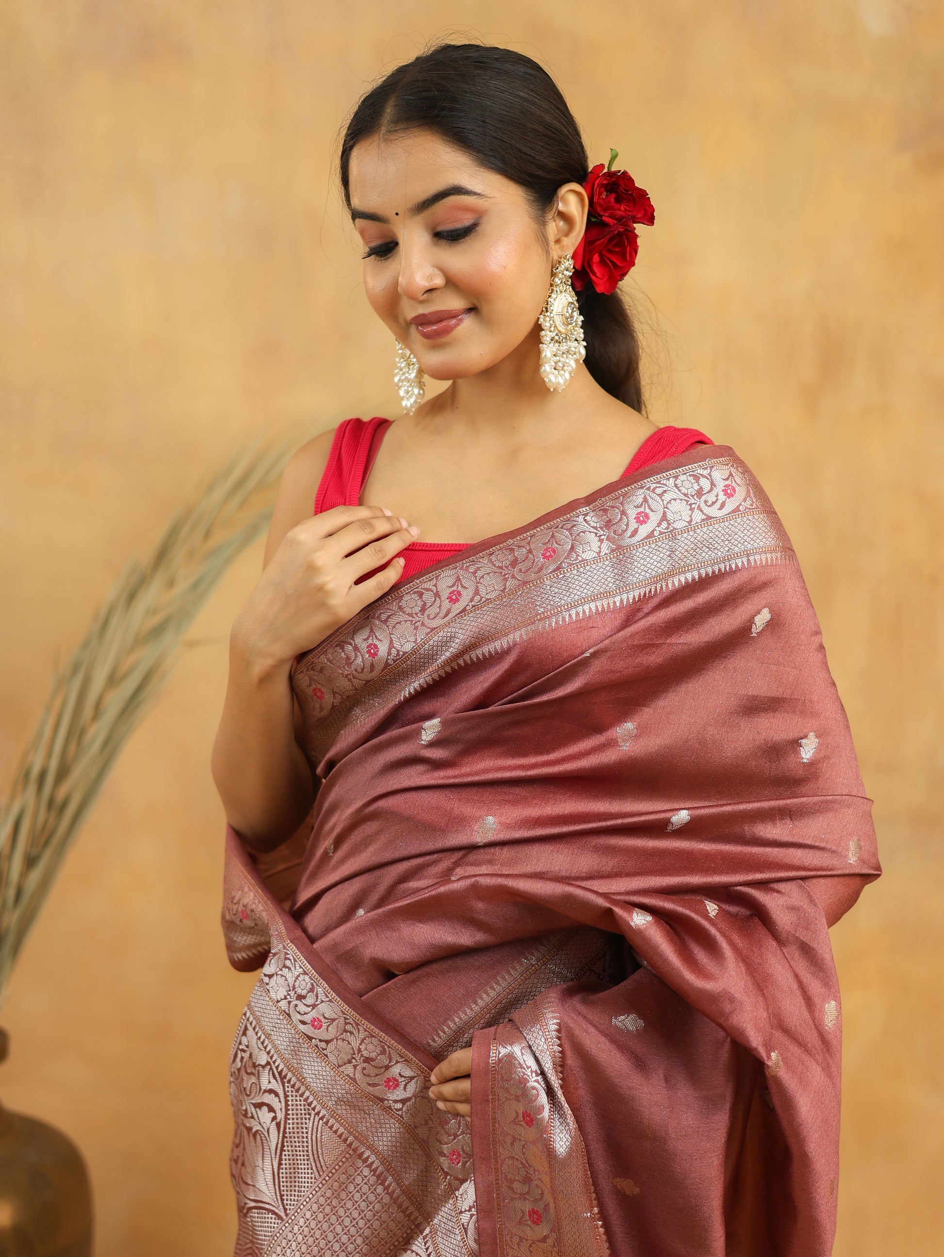 Wine Brown Pure Tussar Silk Saree with Silver Zari Border