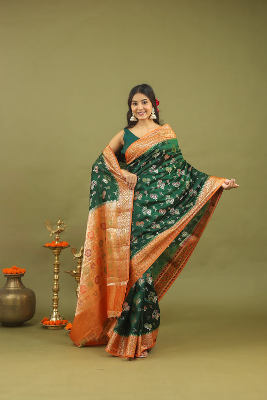 Emerald Green Pure Dupion Silk Saree with Antique Gold Zari Border