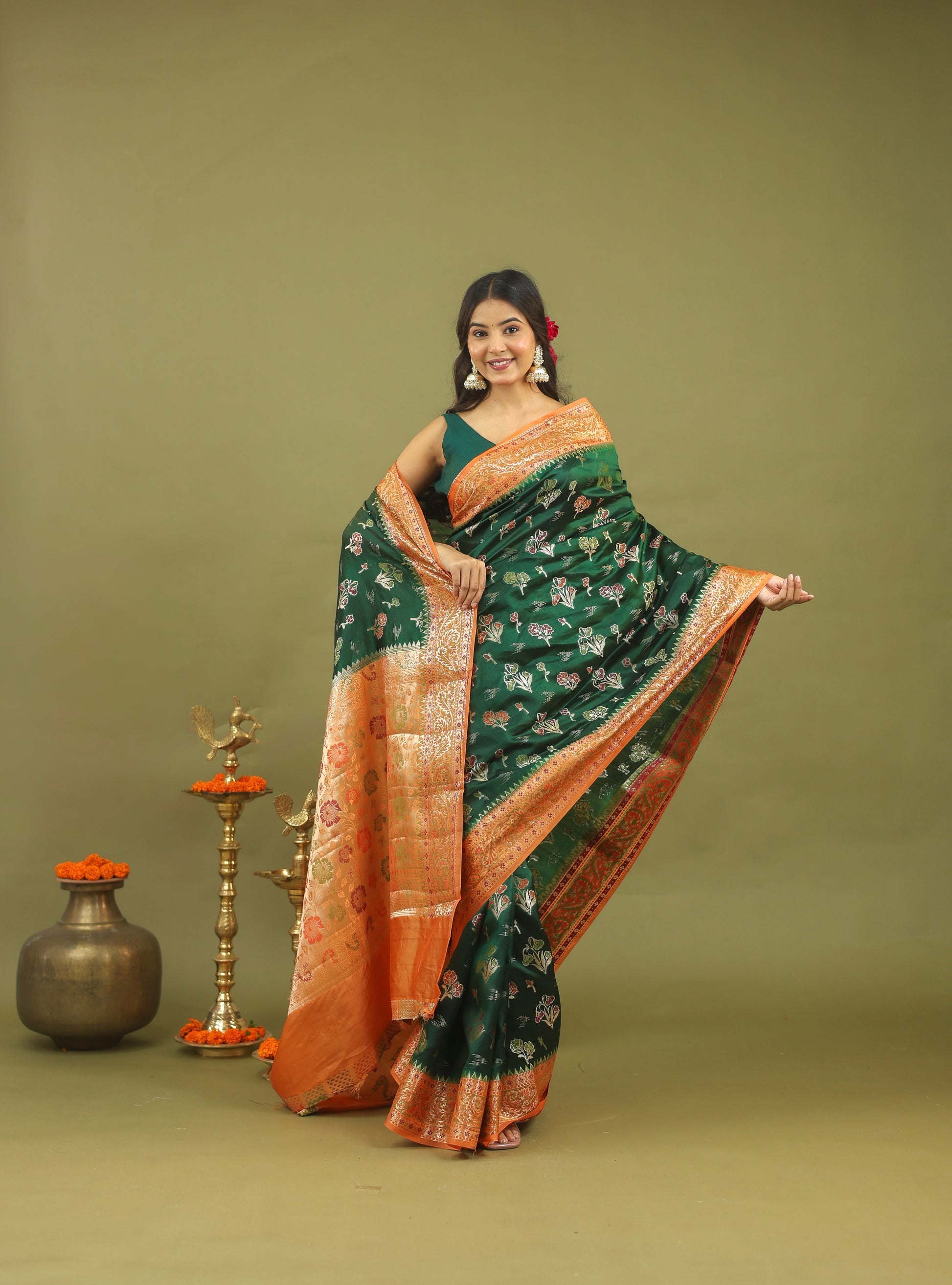 Emerald Green Pure Dupion Silk Saree with Antique Gold Zari Border
