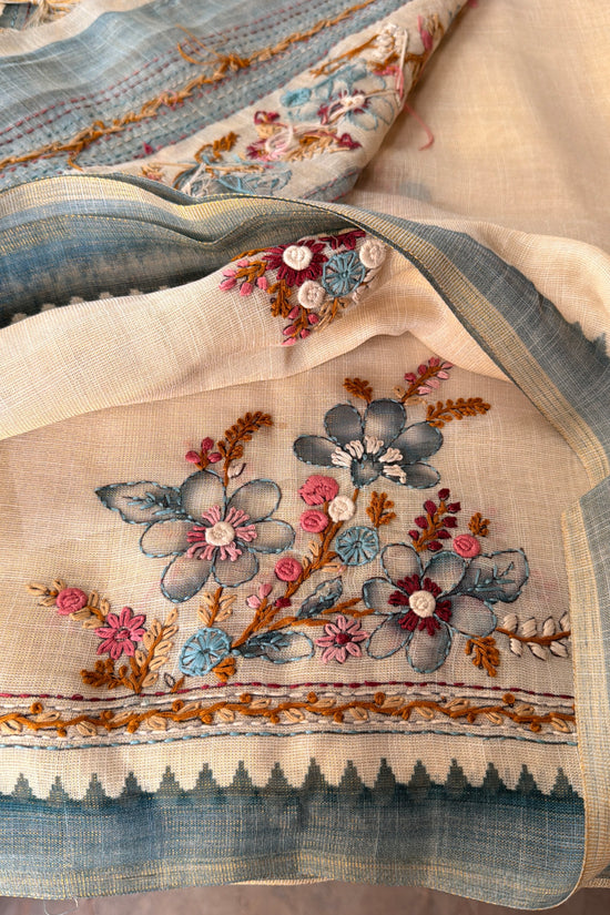 Premium Tissue Linen Sarees - Half
White and Blue