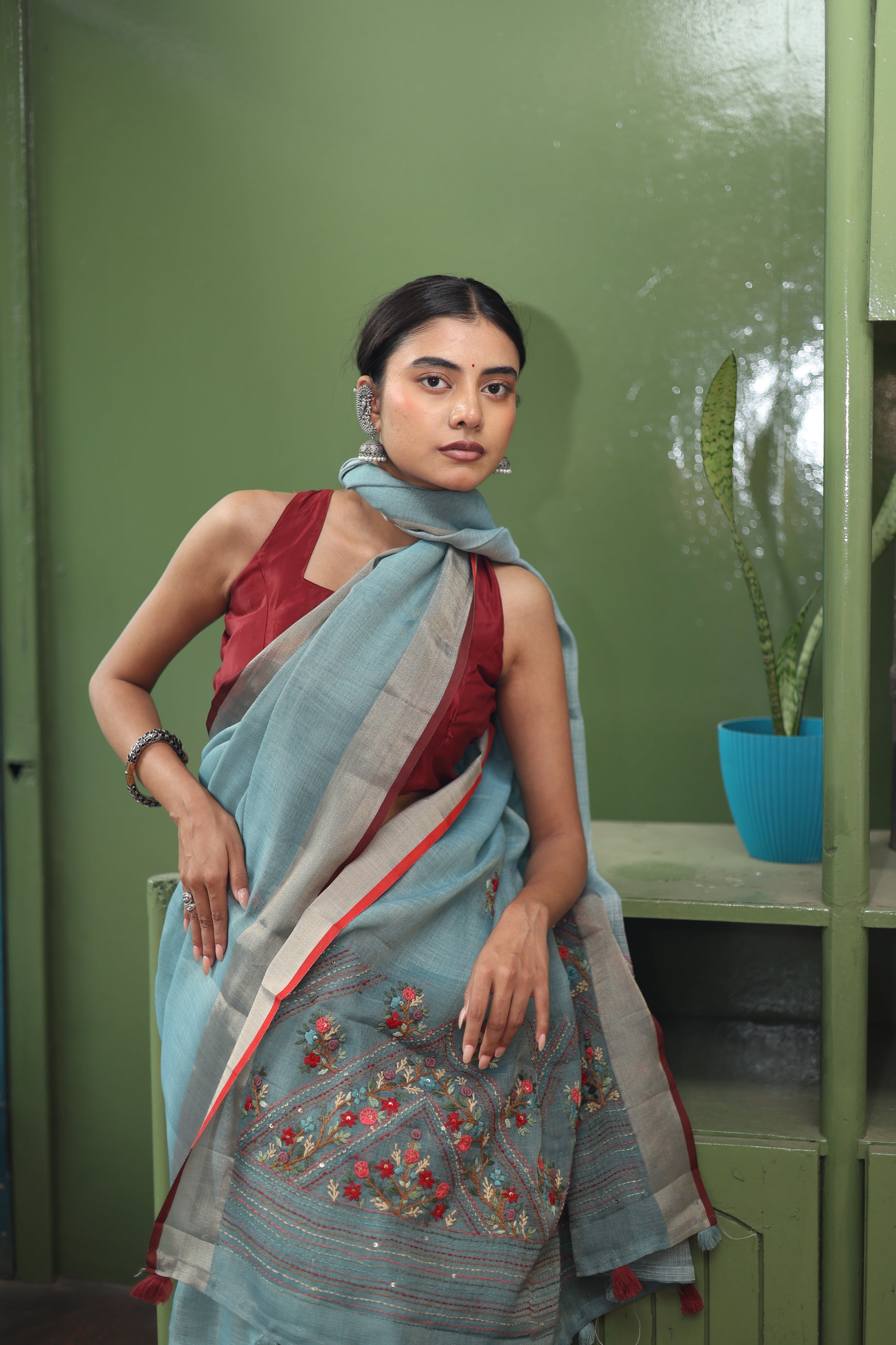 Premium Tissue Linen Sarees with Hand Embroidery- blue