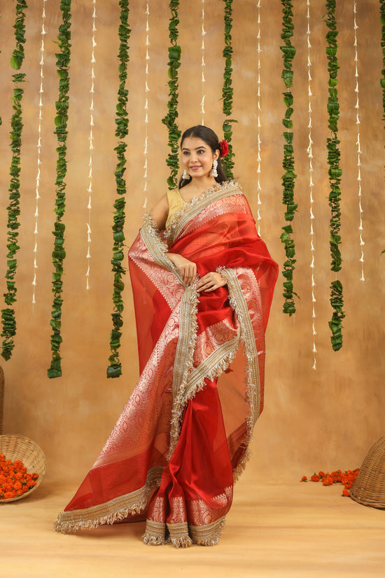Radiant Red Banarasi Tissue Silk Saree with Intricate Gota Patti Work