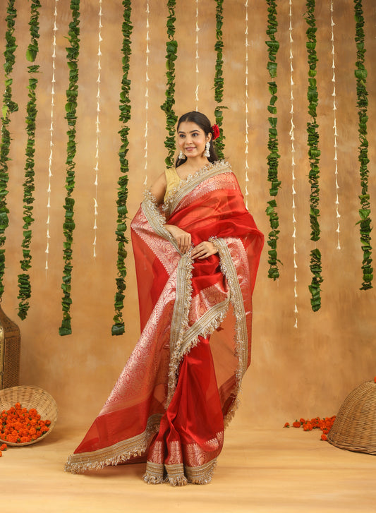 Radiant Red Banarasi Tissue Silk Saree with Intricate Gota Patti Work