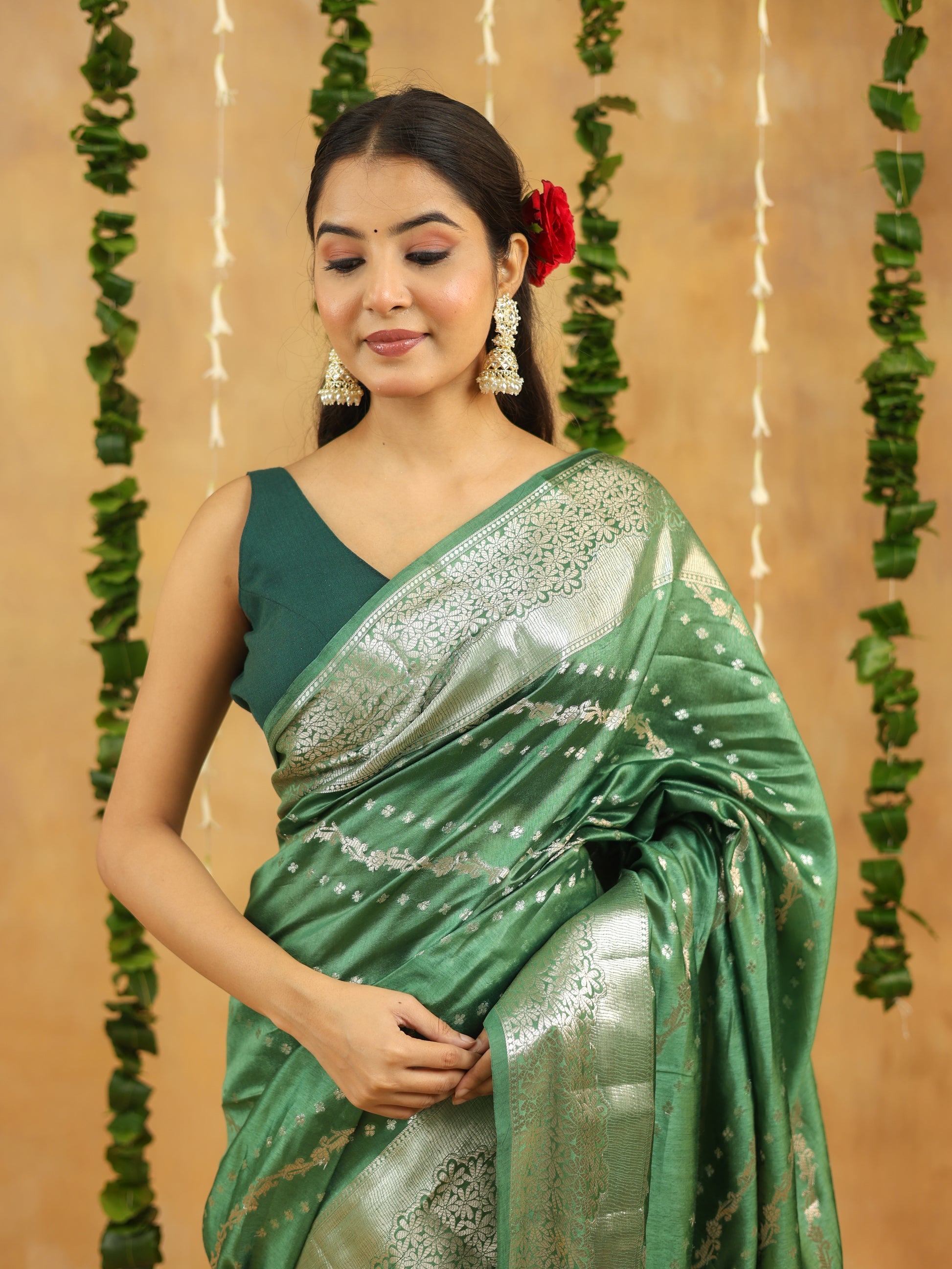 Banarasi Pure Viscose Silk Saree in Forest Green with Silver Zari Border