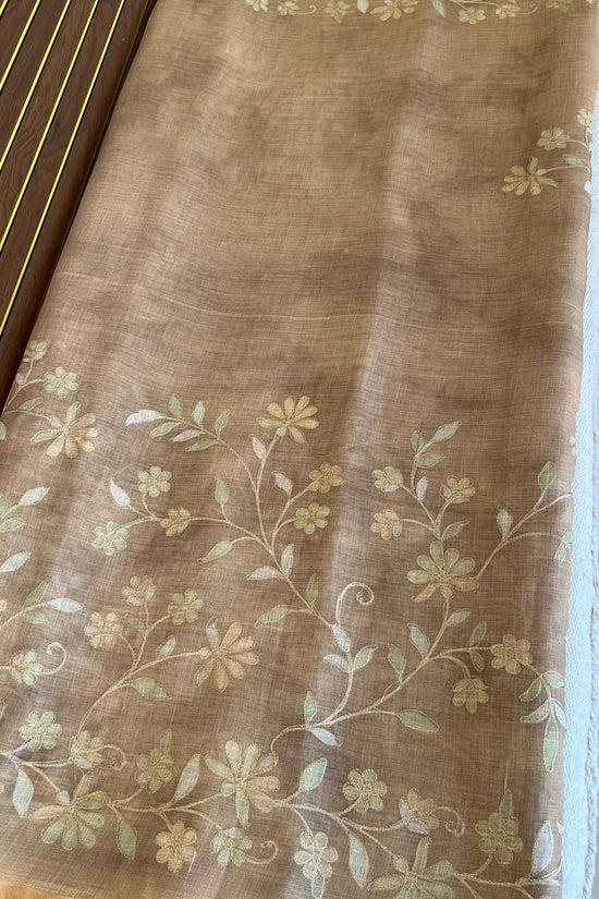 Tissue Linen Saree with Painted Florals & Delicate Aari Work- Golden Beige