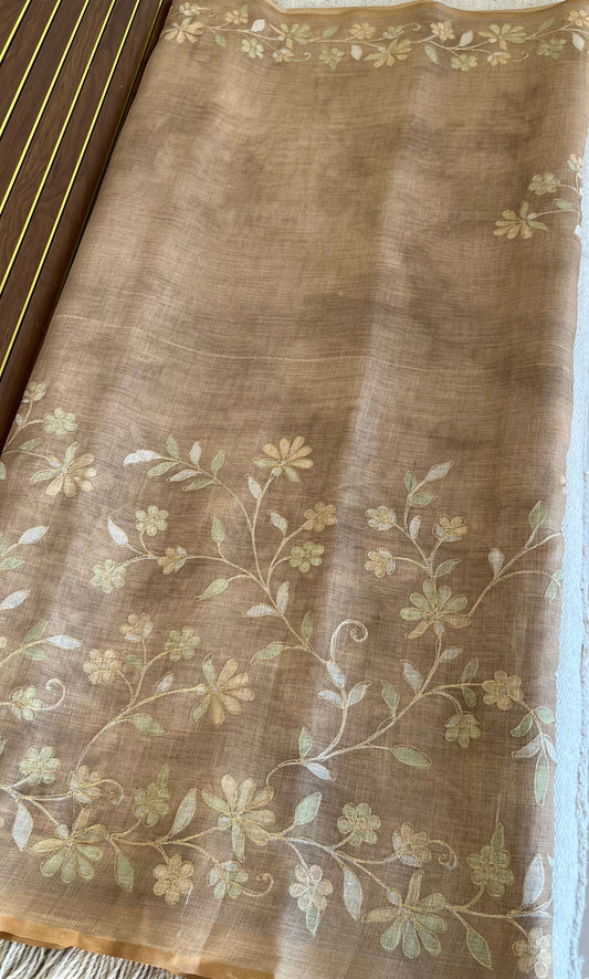 Tissue Linen Saree with Painted Florals & Delicate Aari Work- Golden Beige