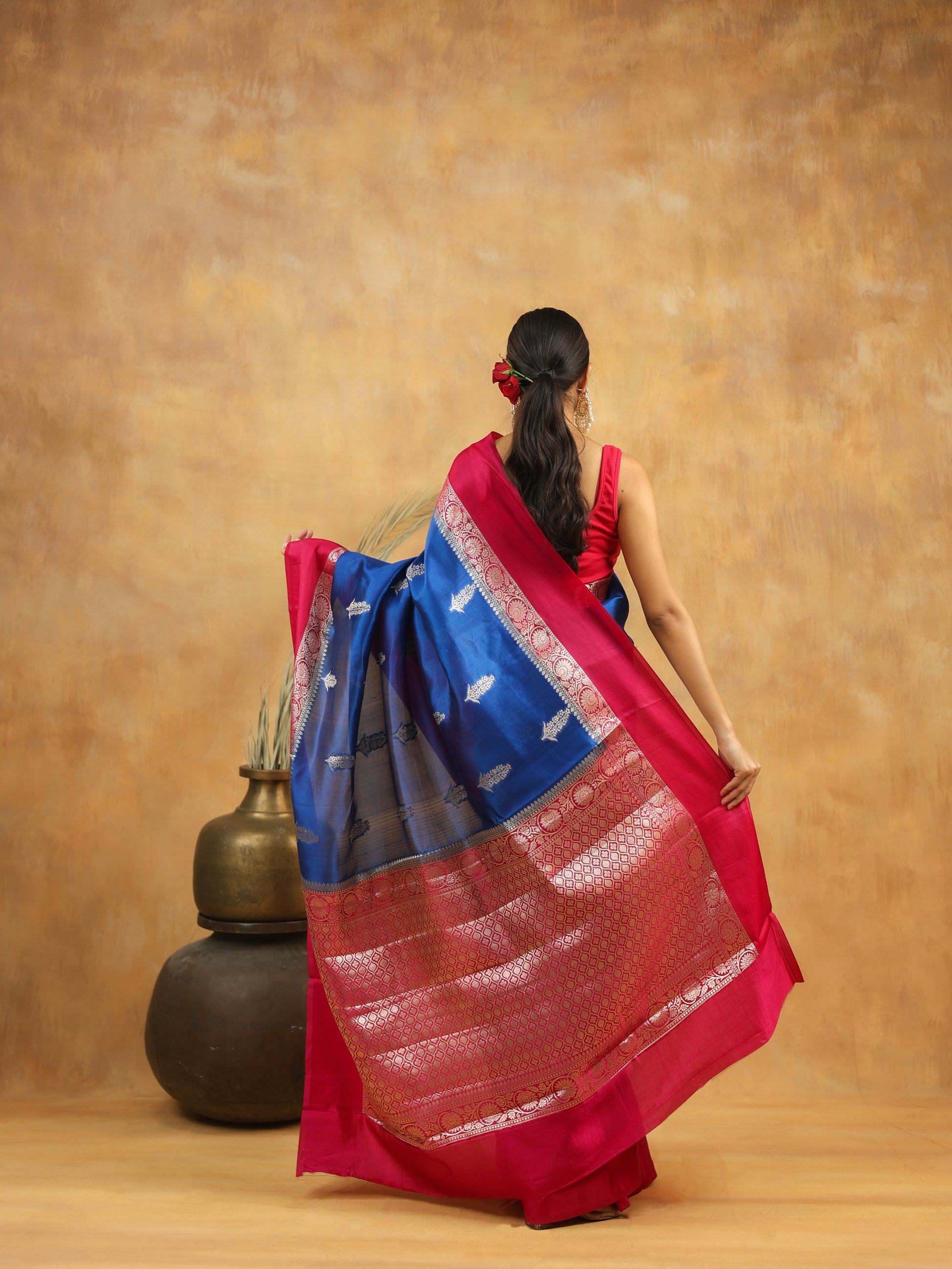 Royal Blue Banarasi Raw Silk Saree with Rani Pink Border and silver zari weaving