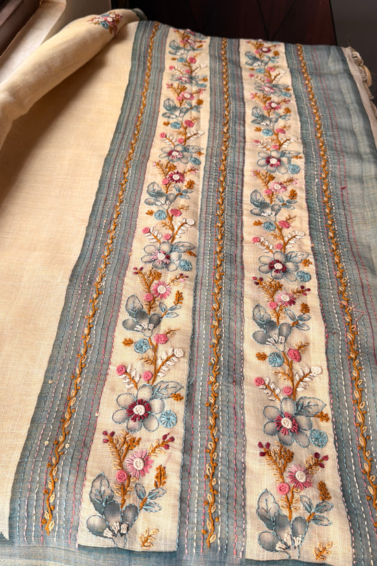 Premium Tissue Linen Sarees - Half
White and Blue