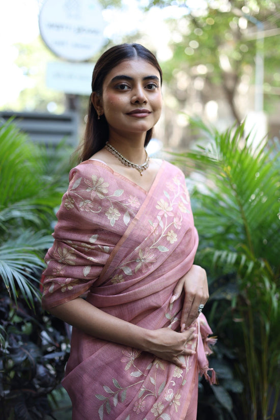 Tissue Linen Saree with Painted Florals & Delicate Aari Work- Blush Pink