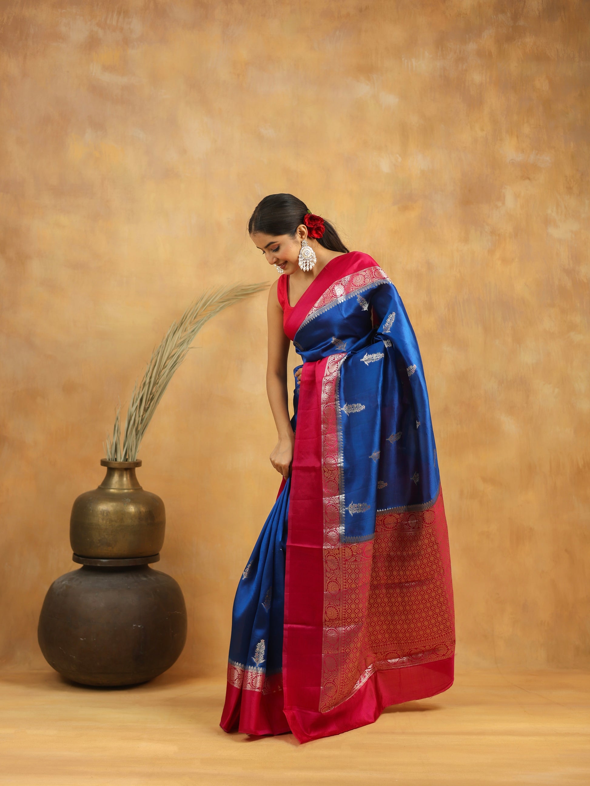 Royal Blue Banarasi Raw Silk Saree with Rani Pink Border and silver zari weaving