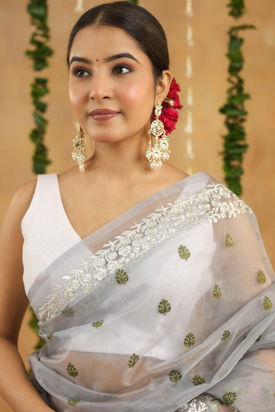 Silver Grey with Multi Color Floral Embroidered Organza Saree