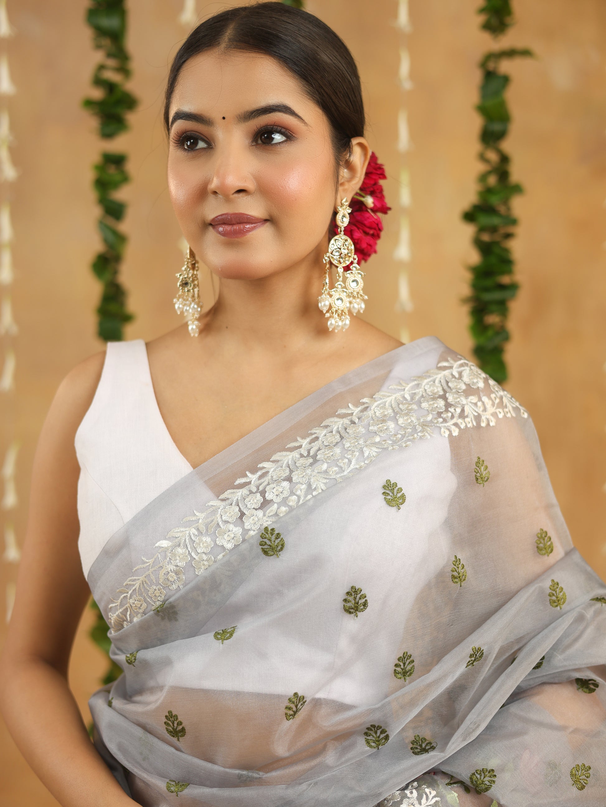 Silver Grey with Multi Color Floral Embroidered Organza Saree