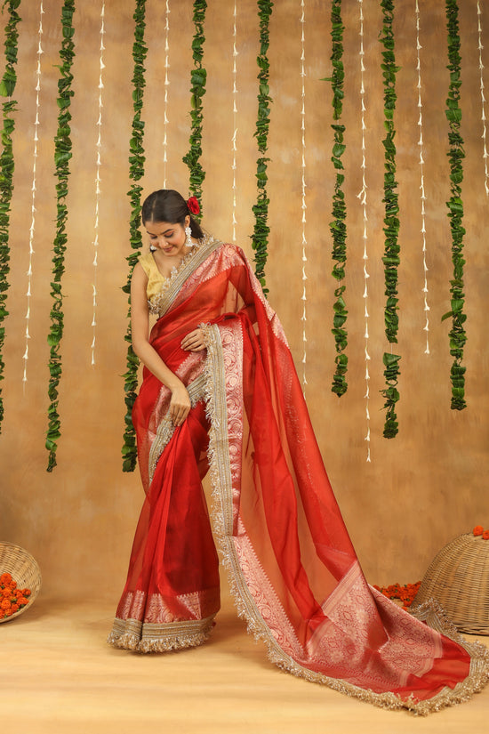 Radiant Red Banarasi Tissue Silk Saree with Intricate Gota Patti Work