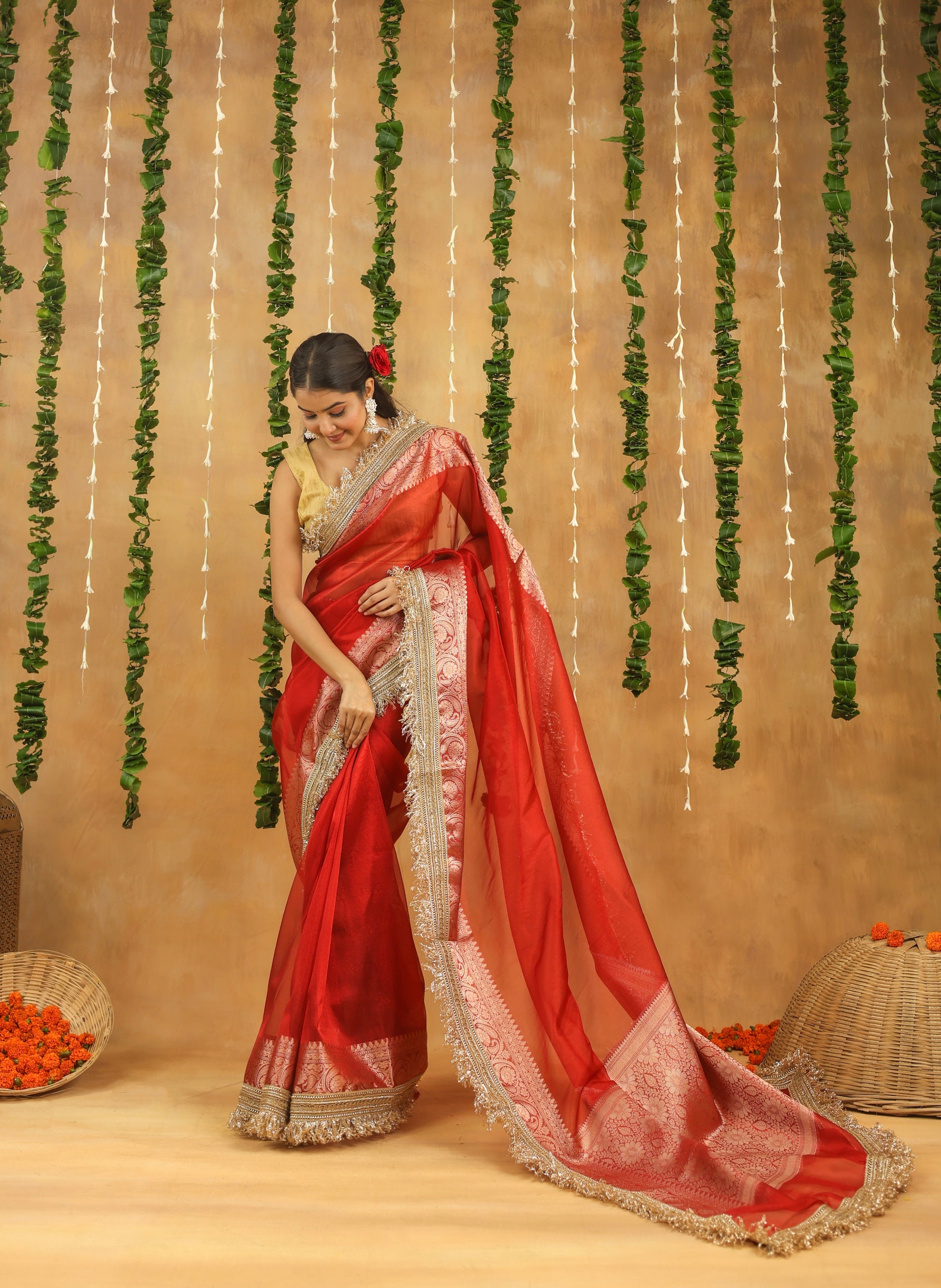 Radiant Red Banarasi Tissue Silk Saree with Intricate Gota Patti Work