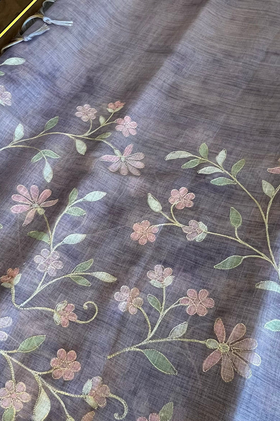 Tissue Linen Saree with Painted Florals & Delicate Aari Work- lavender