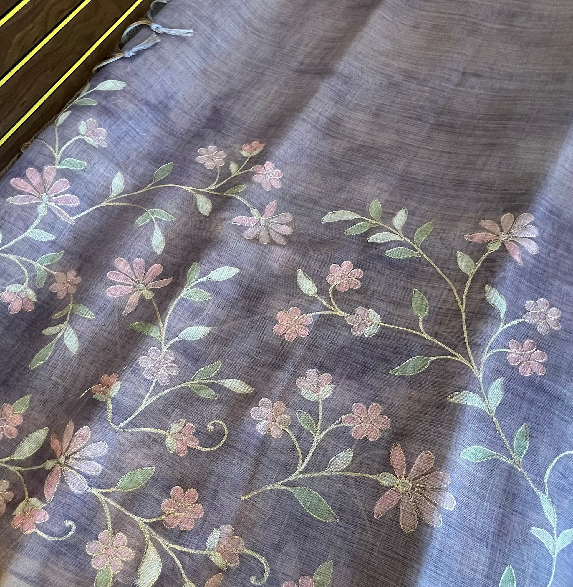 Tissue Linen Saree with Painted Florals & Delicate Aari Work- lavender