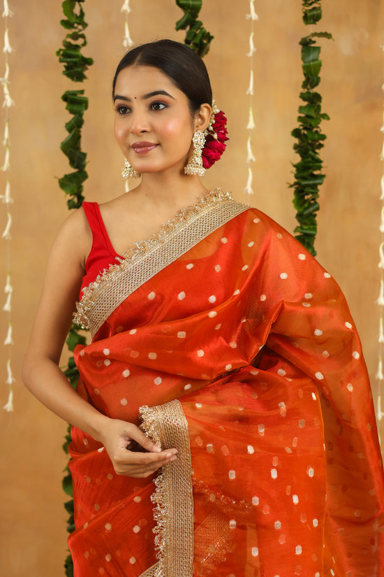 Orange Banarasi Tissue Silk Saree with Golden Zari