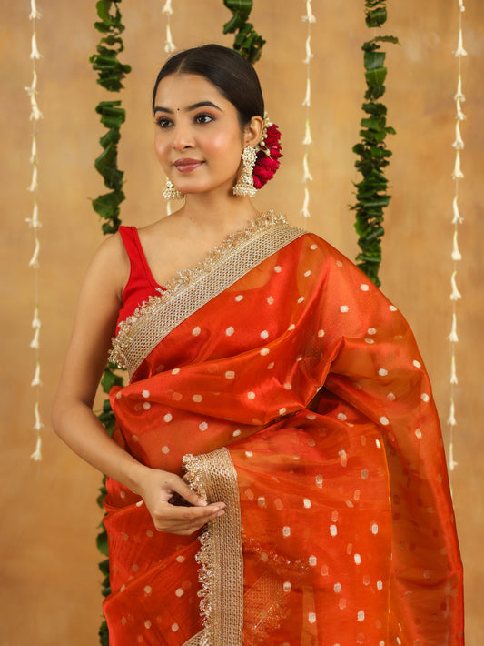 Orange Banarasi Tissue Silk Saree with Golden Zari