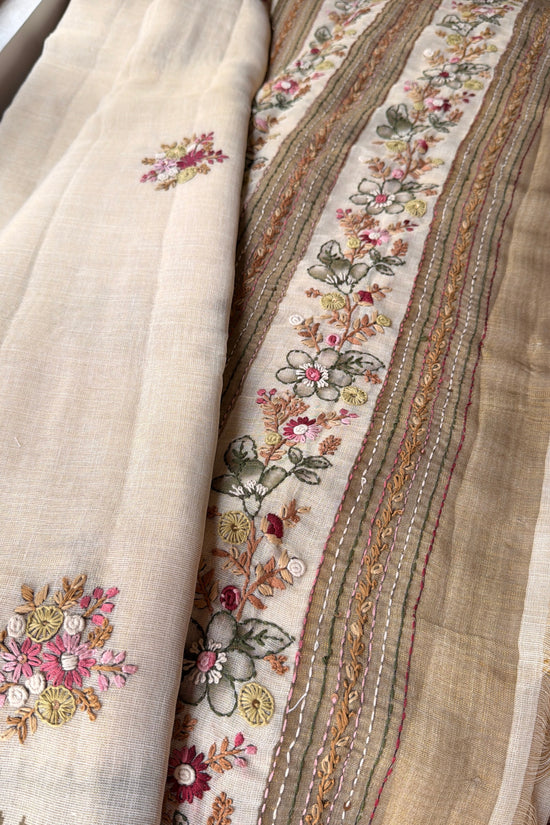 Premium Tissue Linen
Sarees - Half White and Green