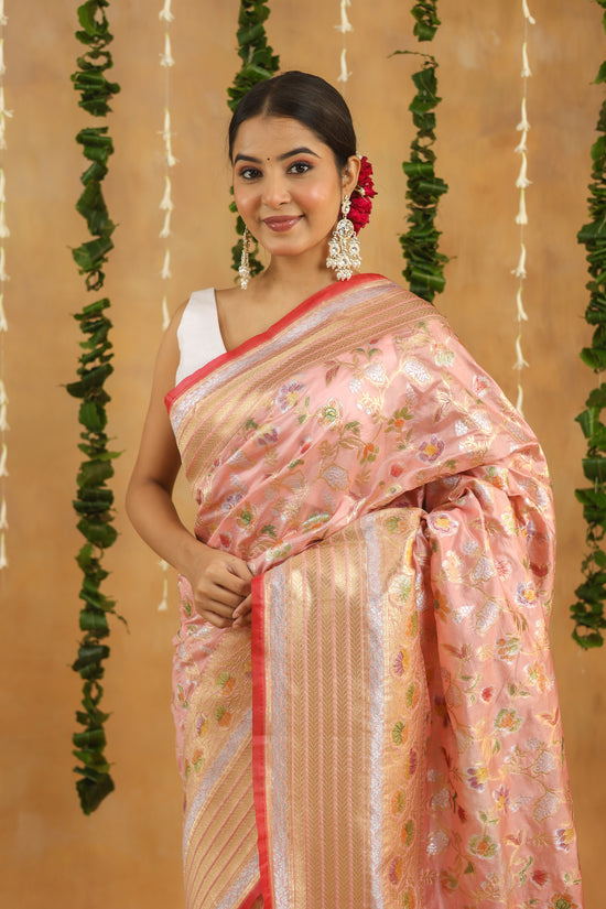 Pink Banarasi Rapier Silk Saree with Floral Zari Work