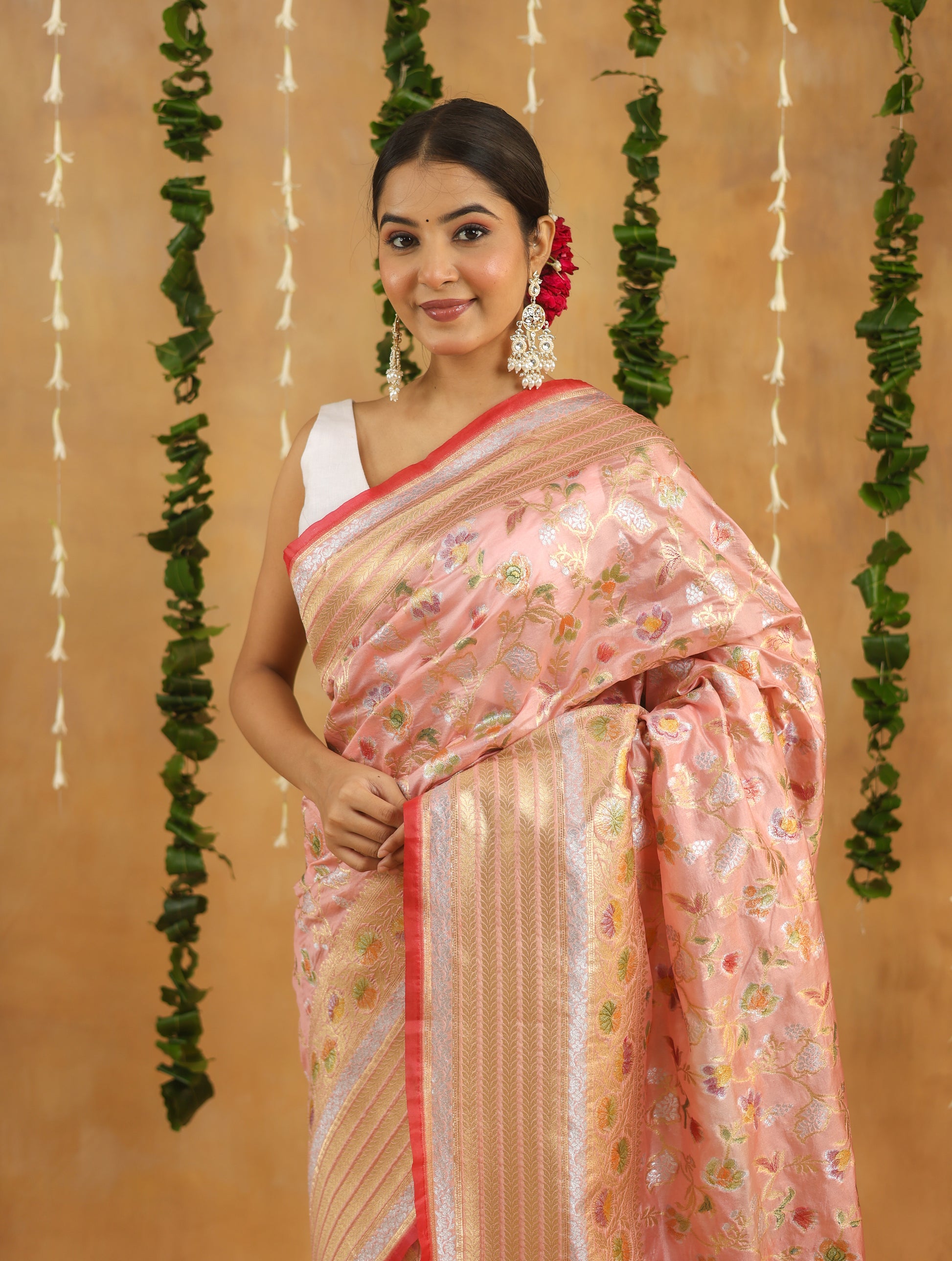 Pink Banarasi Rapier Silk Saree with Floral Zari Work