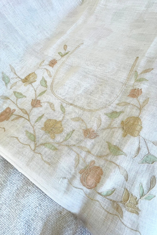 Tissue Linen Saree with Hand-Painted Florals & Delicate Aari Work- white/yellow