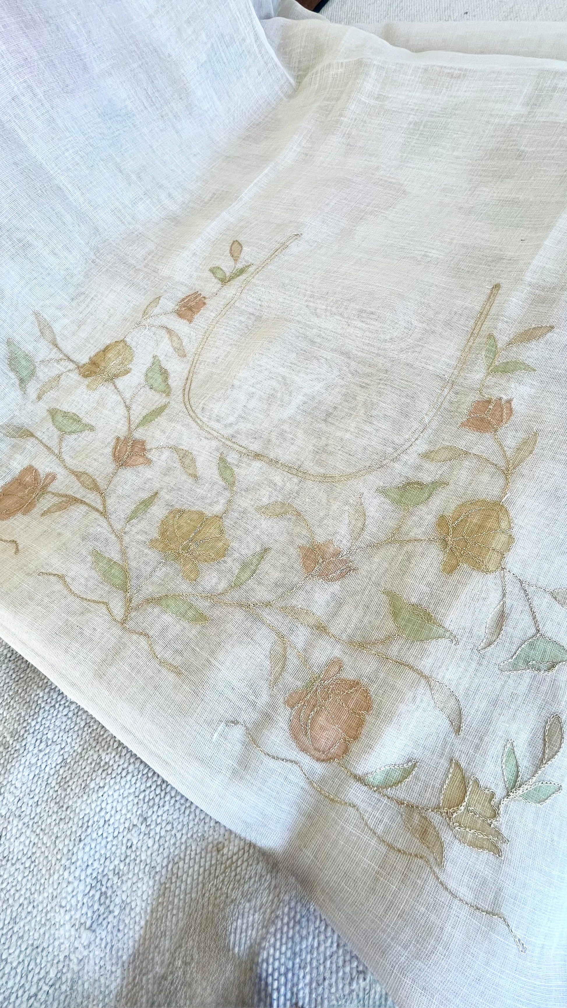 Tissue Linen Saree with Hand-Painted Florals & Delicate Aari Work- white/yellow
