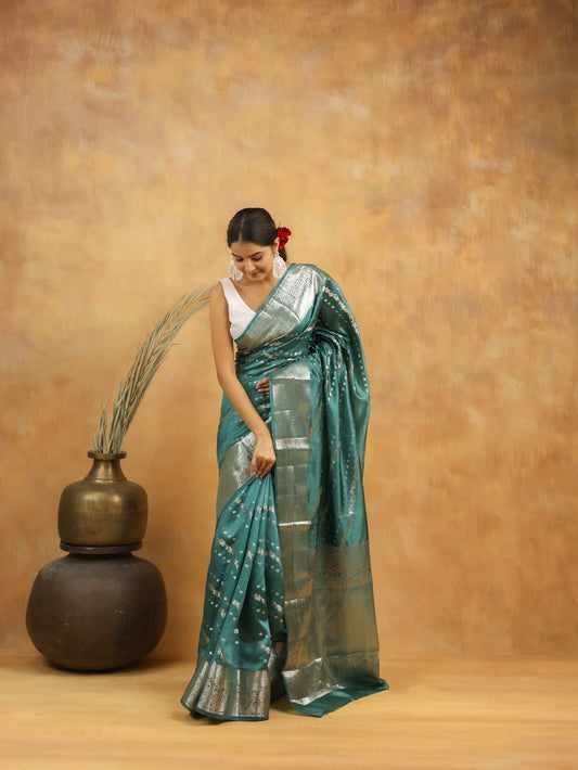 Pure Viscose Silk Saree in Teal Green with Silver Zari Border