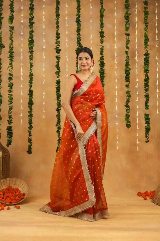 Orange Banarasi Tissue Silk Saree with Golden Zari