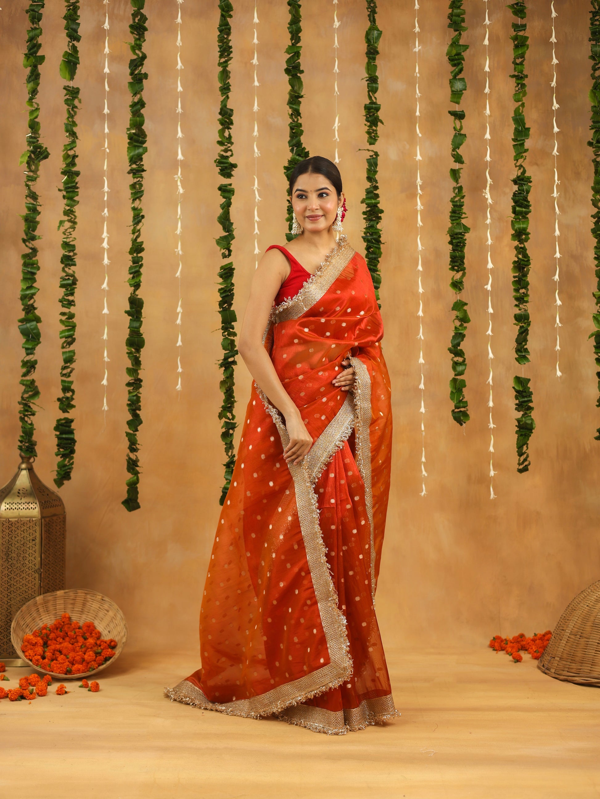Orange Banarasi Tissue Silk Saree with Golden Zari