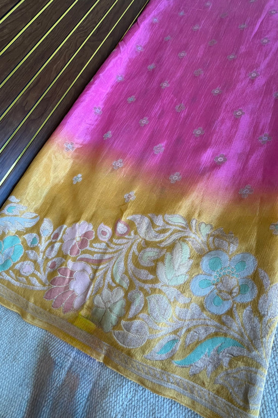 Pink & Sunshine Yellow Ombré Mashru Silk Banarasi Saree