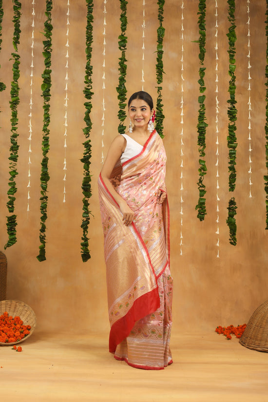 Pink Banarasi Rapier Silk Saree with Floral Zari Work